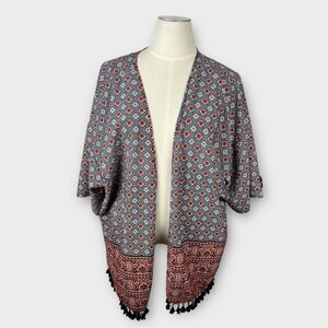 MPH 3X Orange Black pom pom hem boho topper cover up kimono